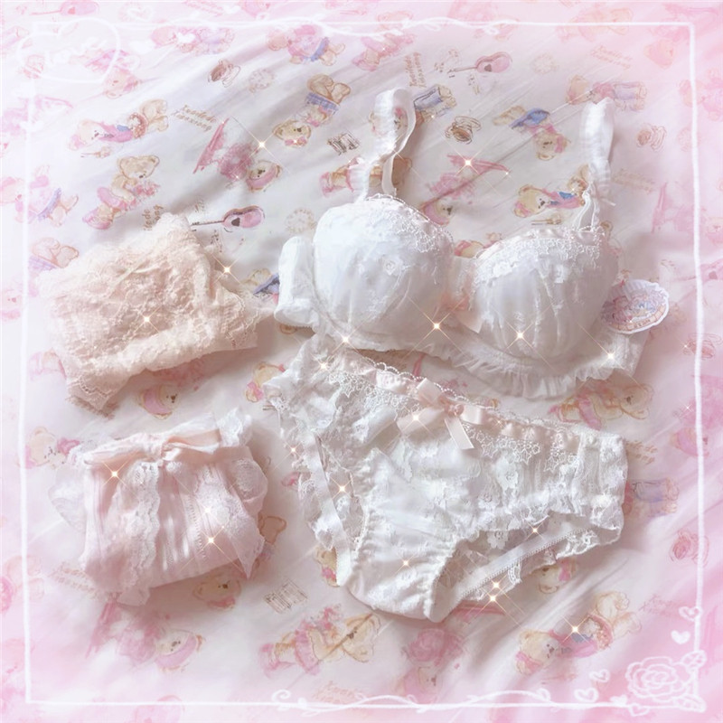 星星丝带、花嫁少女~蝴蝶结日系甜美蕾丝薄杯大码内衣文胸套装