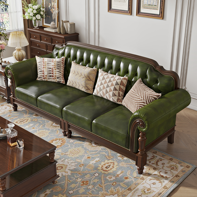 美式复古实木真皮沙发头层牛皮123组合简美客厅别墅家具四人位