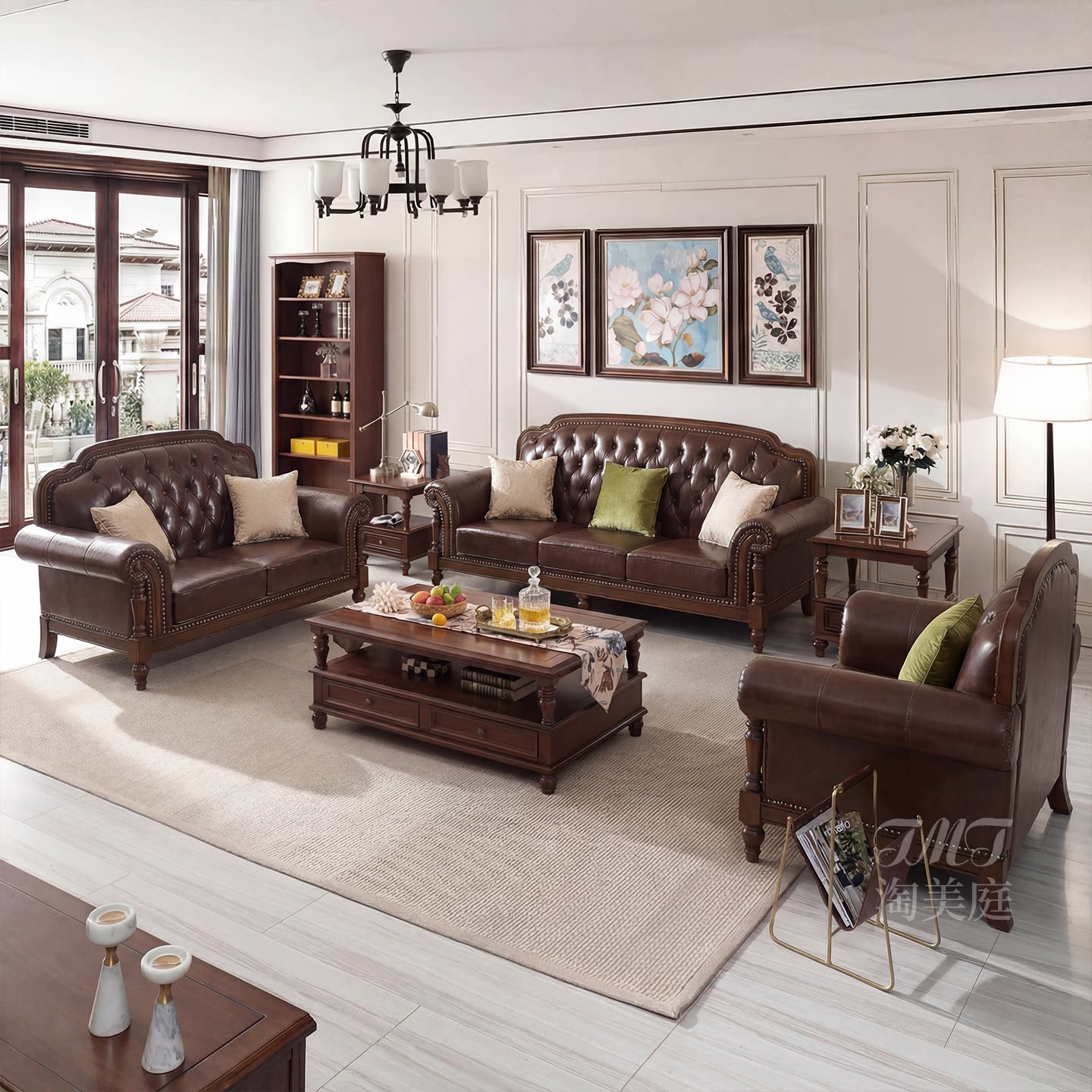 美式复古实木真皮沙发头层牛皮123组合简美客厅别墅家具四人位