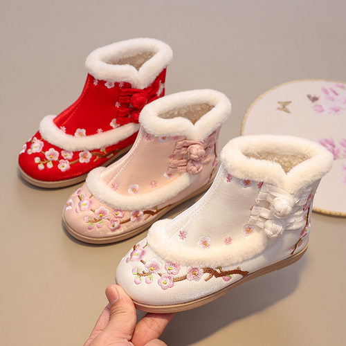 汉服鞋子女童靴子古风马面裙童鞋儿童国风绣花鞋冬季加绒宝宝棉鞋