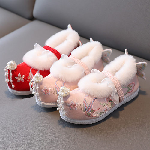 女童汉服鞋子冬季加绒古装儿童绣花鞋古风宝宝搭配马面裙翘头棉鞋