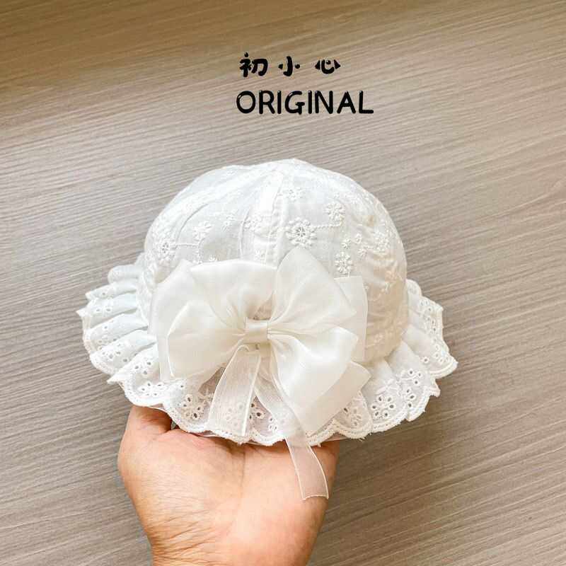 女宝宝花边帽春夏纯棉公主帽韩版超仙婴儿帽子小女孩蝴蝶结渔夫帽