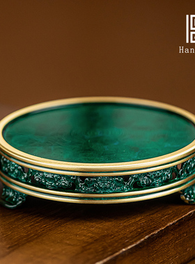 三足铜底座香炉托盘圆形家用花瓶支架佛像底盘托架创意中式铜摆件