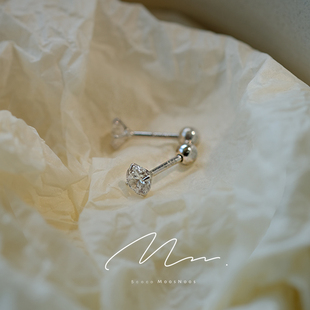 睡觉免摘925纯银防过敏耳钉迷你长针螺丝拧扣耳骨钉女钻石闪水钻