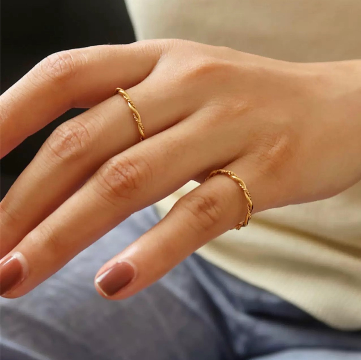 洗手不掉色麻花扭花钛钢镀18K金戒指女 小众设计感高级轻奢指环