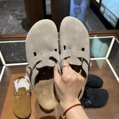 瑞典代购bk平底鞋包头勃肯拖鞋男女款牛皮绒面革软底舒适休闲鞋