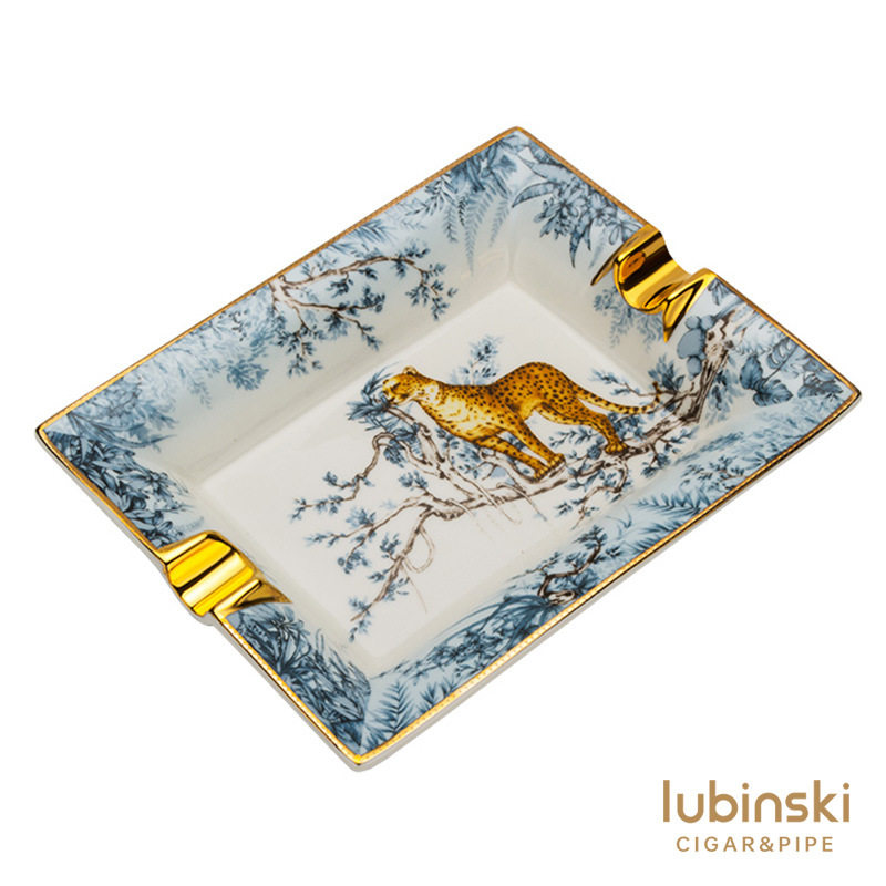 鲁宾斯基雪茄烟灰缸国潮雪豹双烟槽陶瓷鎏金LUBINSKI雪茄烟缸图片