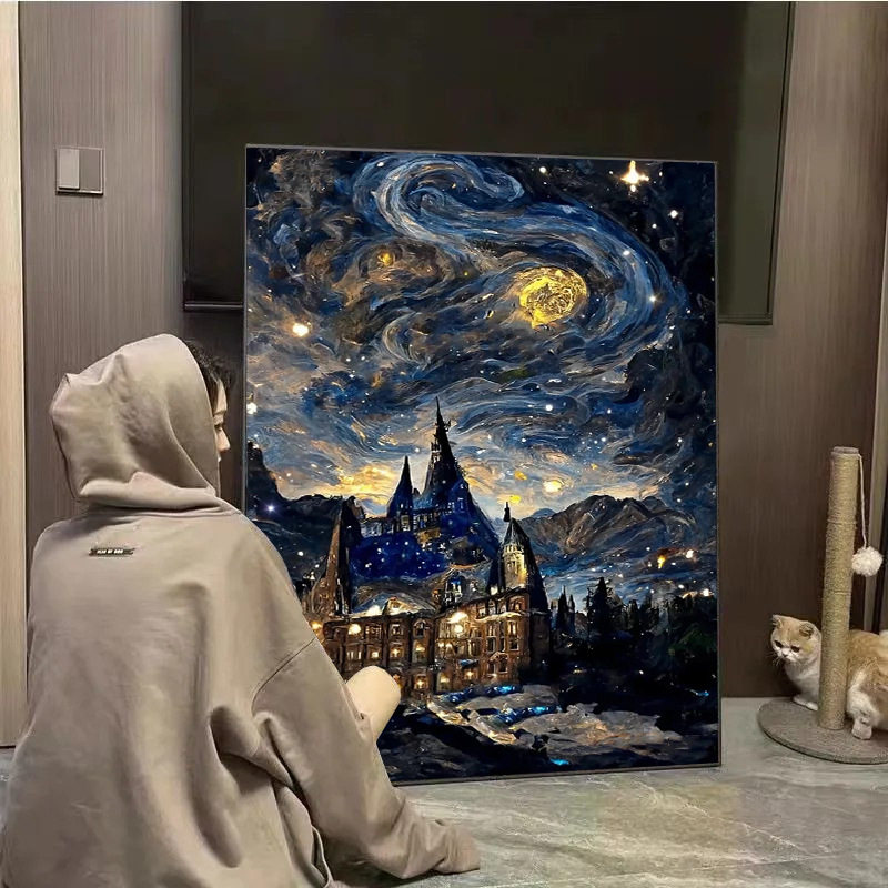 新款梵高星空下霍格沃兹城堡手工创意DIY钻石画满钻带框贴钻贴画