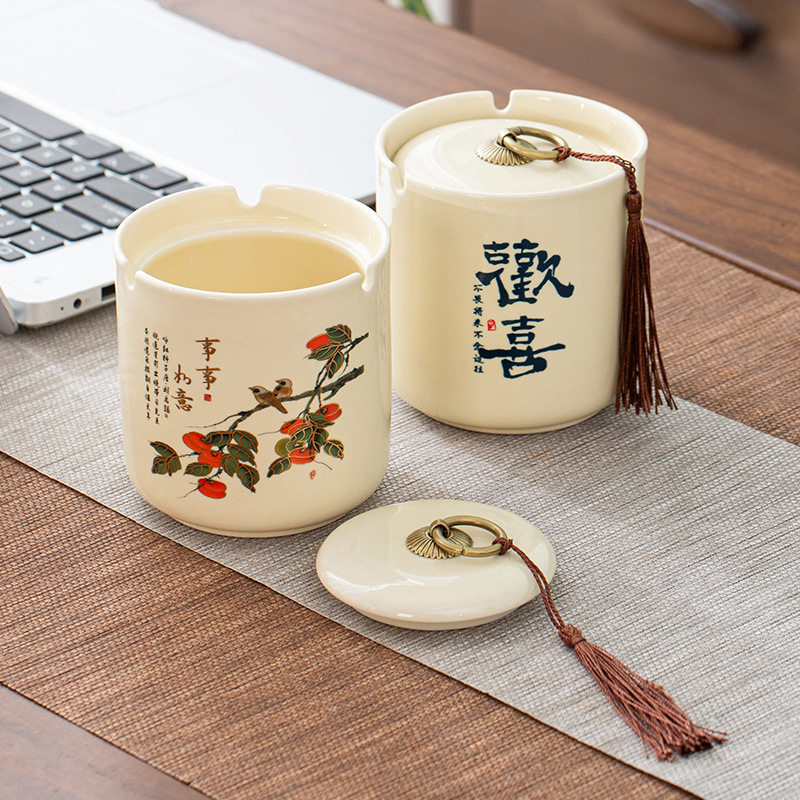 创意复古直筒烟灰缸带盖防风陶瓷大号办公室家用摆设中国风烟缸
