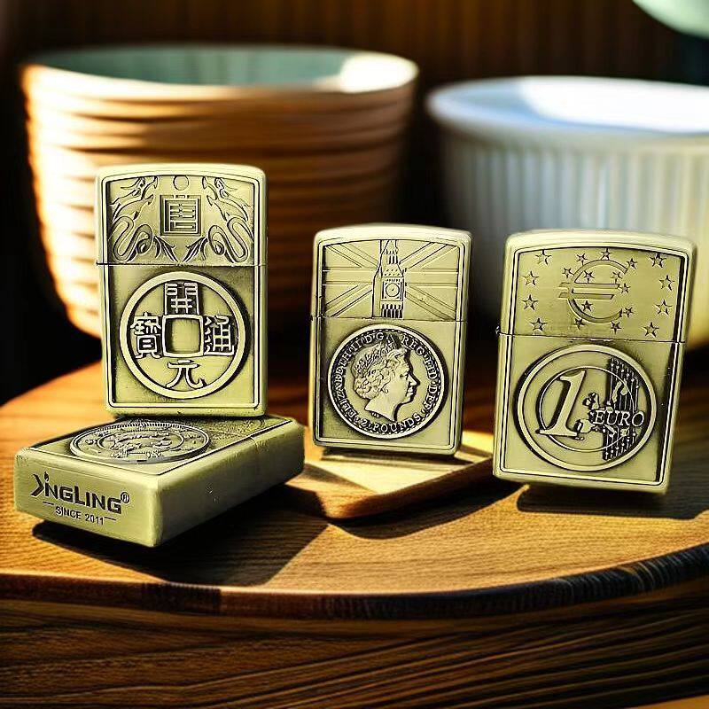 厂家金属煤油打火机砂轮防风送礼立体浮雕精致钱币点烟