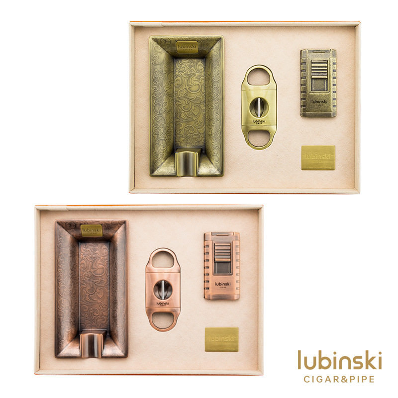 LUBINSKI 雪茄工具套装V型剪刀合金烟缸三直冲火机复古礼盒三件套