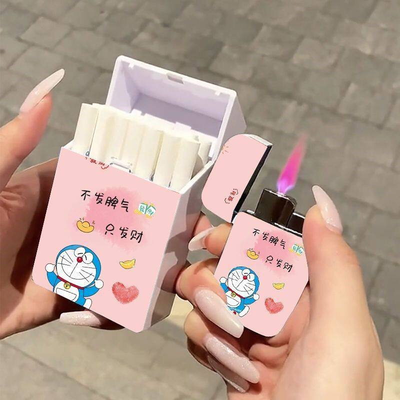 新款叮当猫哆啦A梦防风打火机粉色火焰带烟盒个性炫酷送男友礼物