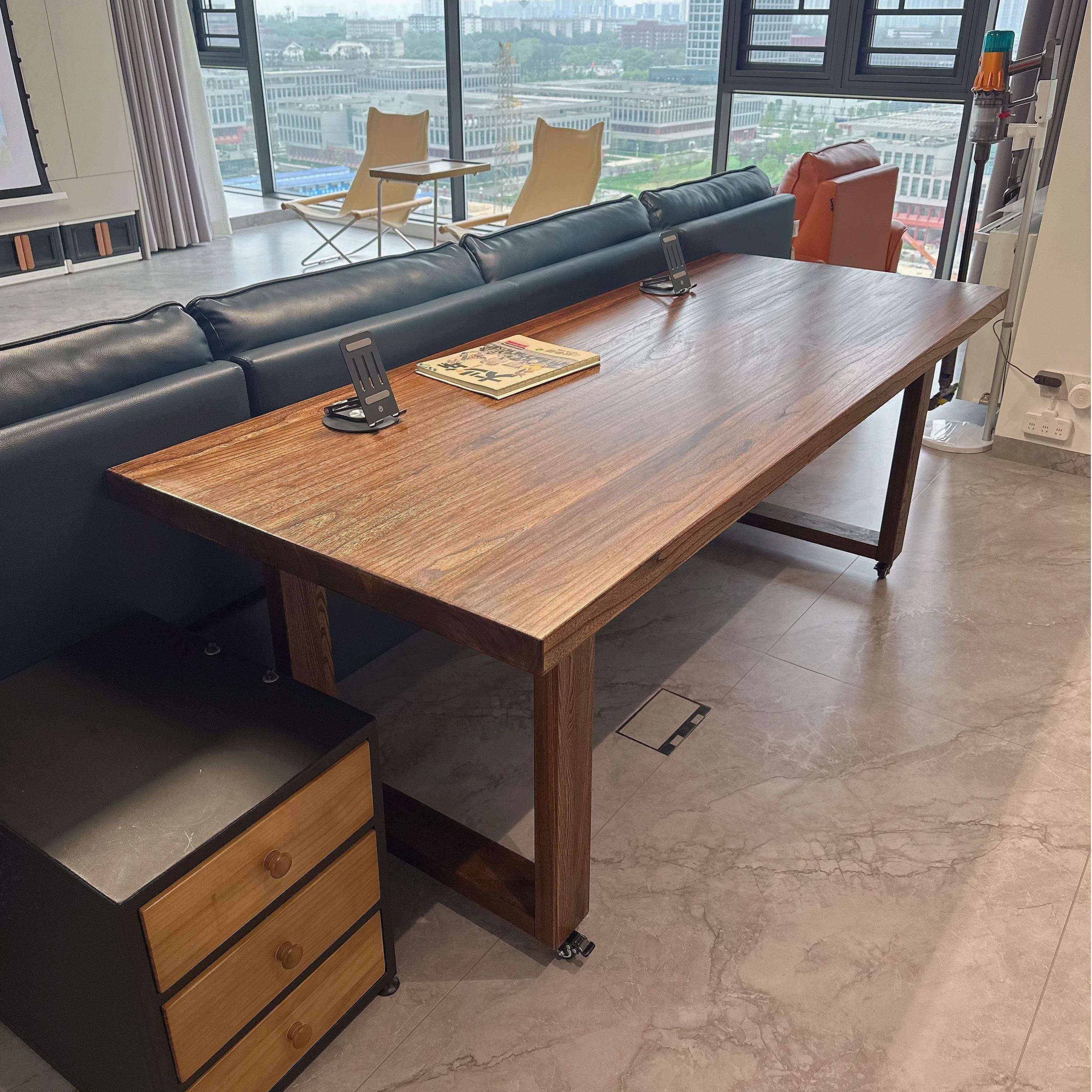 榆木餐桌可移动带滑轮大板桌沙发后长条桌去客厅化一体桌大长书桌