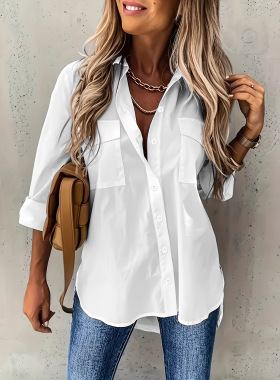 Women's Fashion Lapel Solid Shirt Pocket Decoration Shirts女