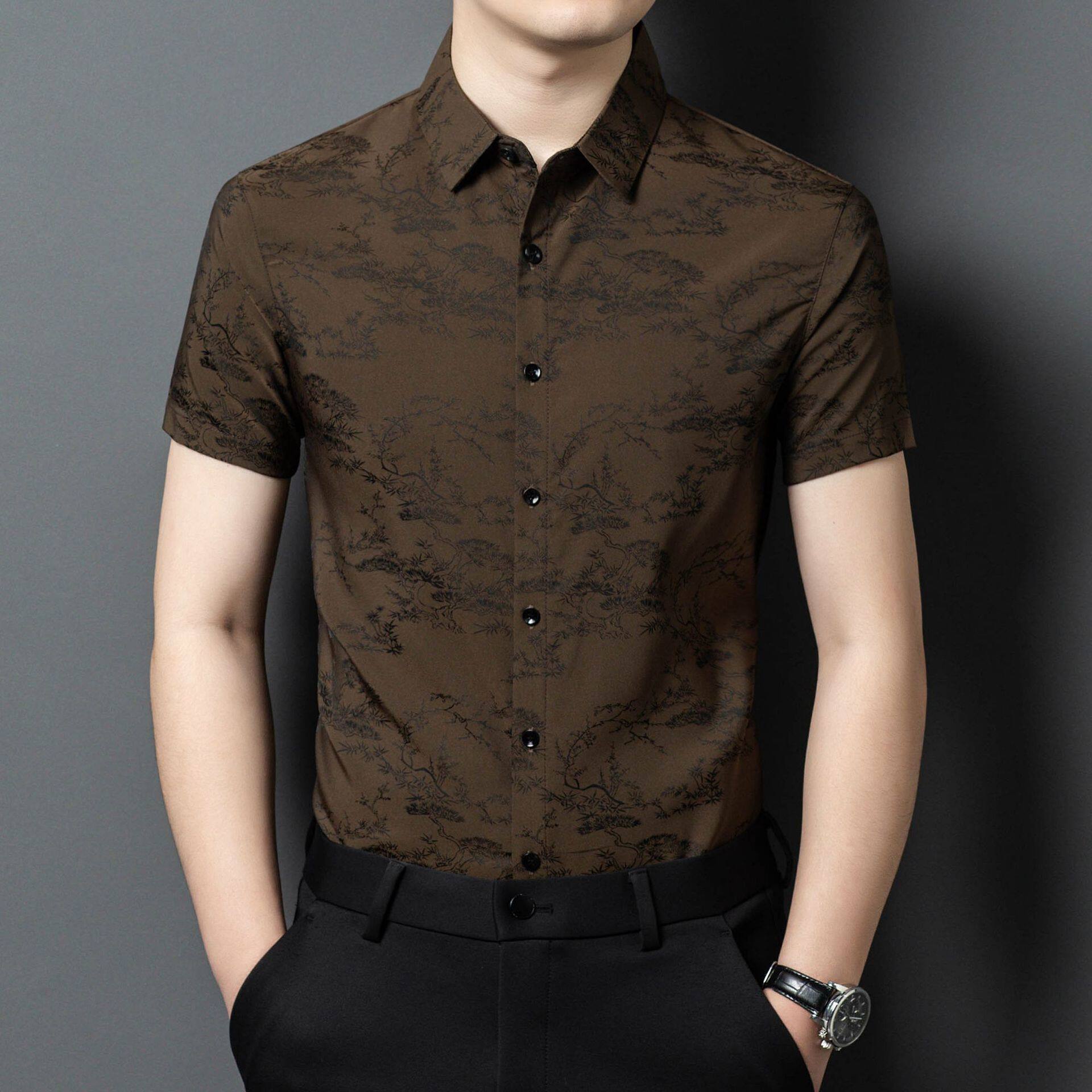 men's short sleeve shirts新款印花短袖衬衫男冰丝透气中年翻领