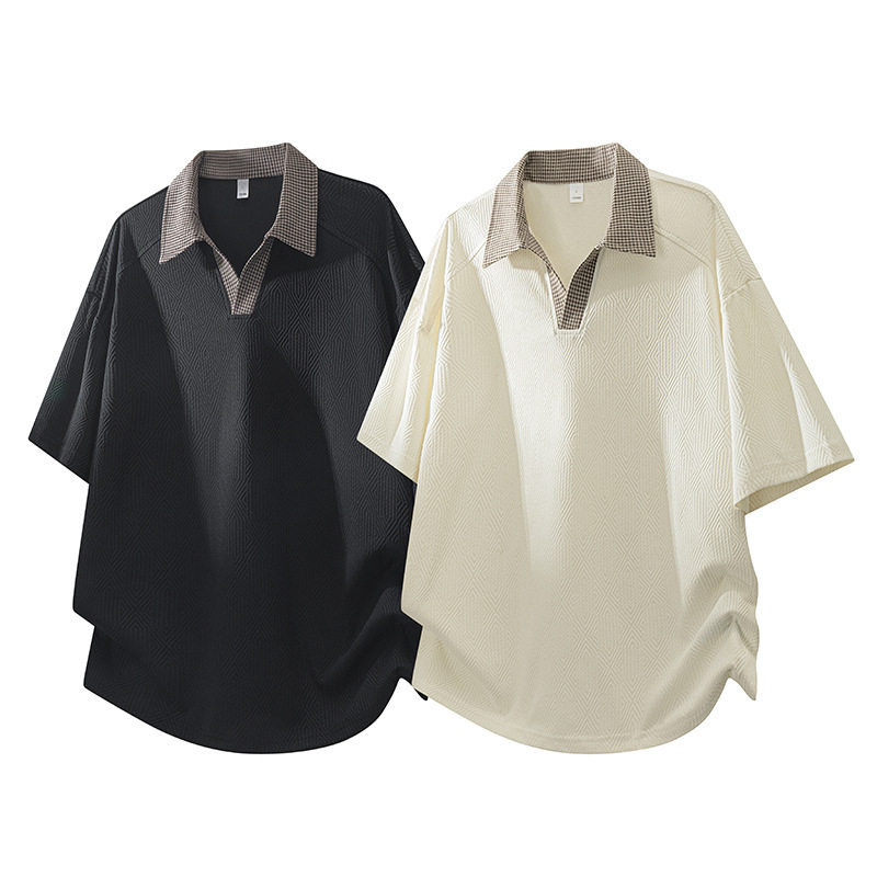 shirt men tshirt格纹撞色领提花polo衫男宽松翻领v领短袖t恤日系
