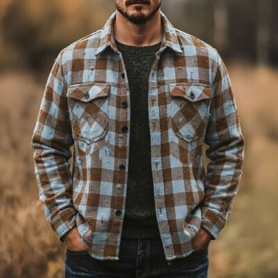 men's shirts男装 欧美破洞磨毛休闲衬衫 长袖经典格子衬衣a0701