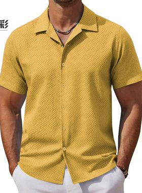 men's shirts男装衬衫 新款西服领纯色短袖提花男装衬衣a0303