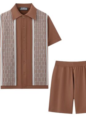 men's t-shirts男装 欧美男士针织衫套装 休闲短袖提花针织衫