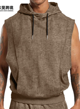 men's vest24年新款男士欧美街头潮流时尚做旧满印碎花无袖连帽