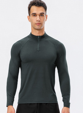 Men GYM Compression Shirt Standup zipper男健身长袖速干半拉链