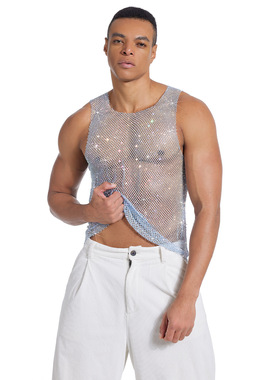 men tank top vest欧美时尚男装网眼水钻背心男渔网派对夜店闪钻