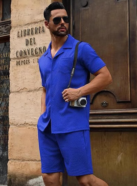 men's shirt shorts欧美男针织衫休闲纹理沙滩短袖系扣和短裤套装
