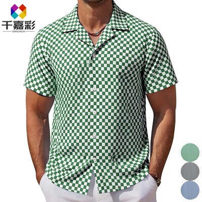 men's shirts男装 欧美经典棋盘格提花面料衬衫 美系古巴领短袖