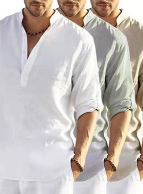 men lightweight shirts long sleeve henley cotton linen shirt