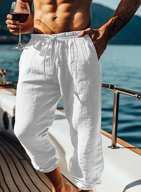 men's pants新款束脚口男士亚九分裤沙滩裤口袋抽绳松紧腰纯色