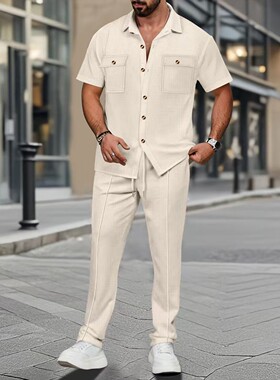 Men's summer new suit button pocket shirt Pants set两件套man