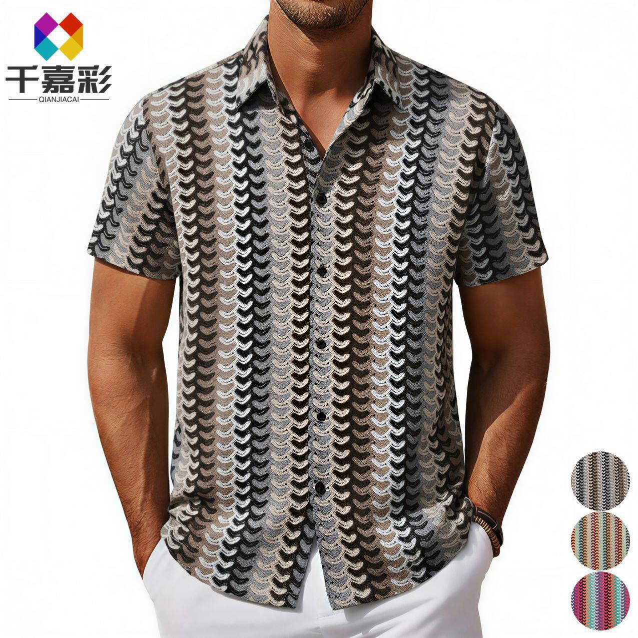 men's shirts男装 欧美男士针织衬衣  新款炫彩镂空透气短袖衬衫