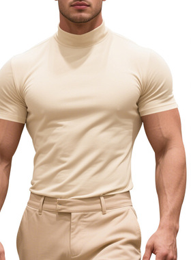 新款男士休闲t恤欧美时尚半高领修身纯色打底衫潮men's t-shirt