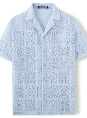 men's t-shirts男装  男士蕾丝短袖衬衫 镂空古巴领潮男衬衣