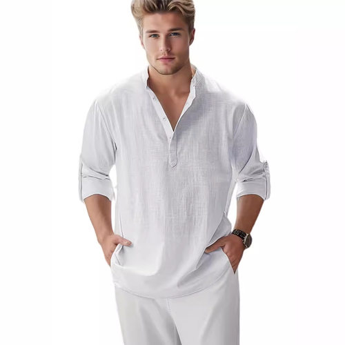 streetwear men shirts long sleeve henley cotton linen shirts