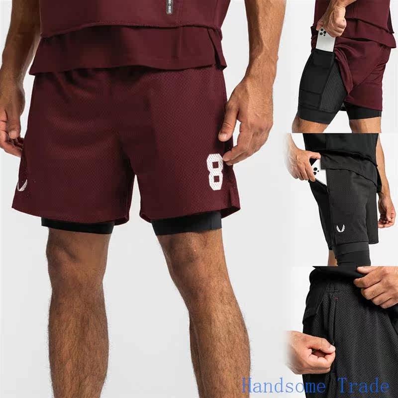 新款男士健身房跑步锻炼运动透气五分双层速干短裤men gym shorts