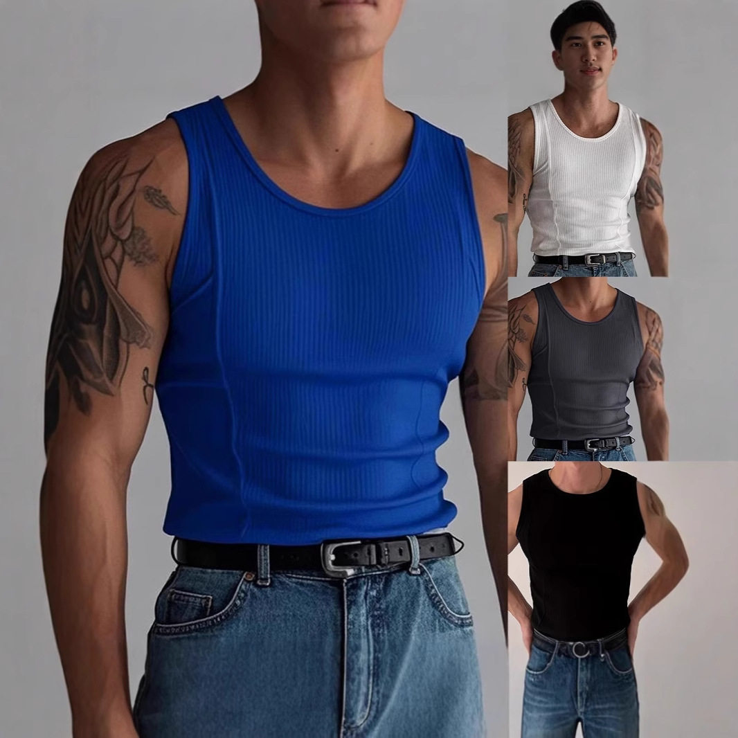 men vest tank top针织竖条健身运动休闲修身背心男款无袖宽肩man