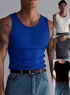 men vest tank top针织竖条健身运动休闲修身背心男款无袖宽肩man