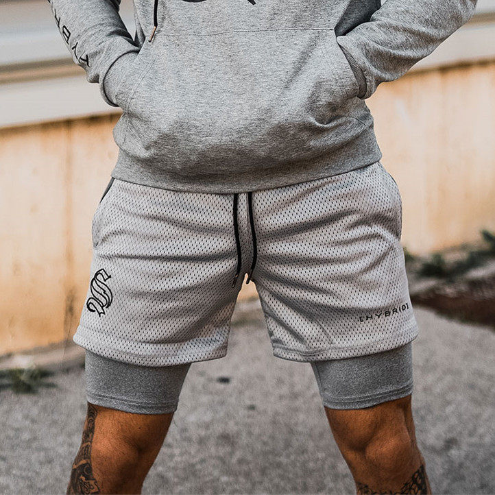 运动双层短裤男训练假两件跑步健身Men crossfit shorts fake 2pc