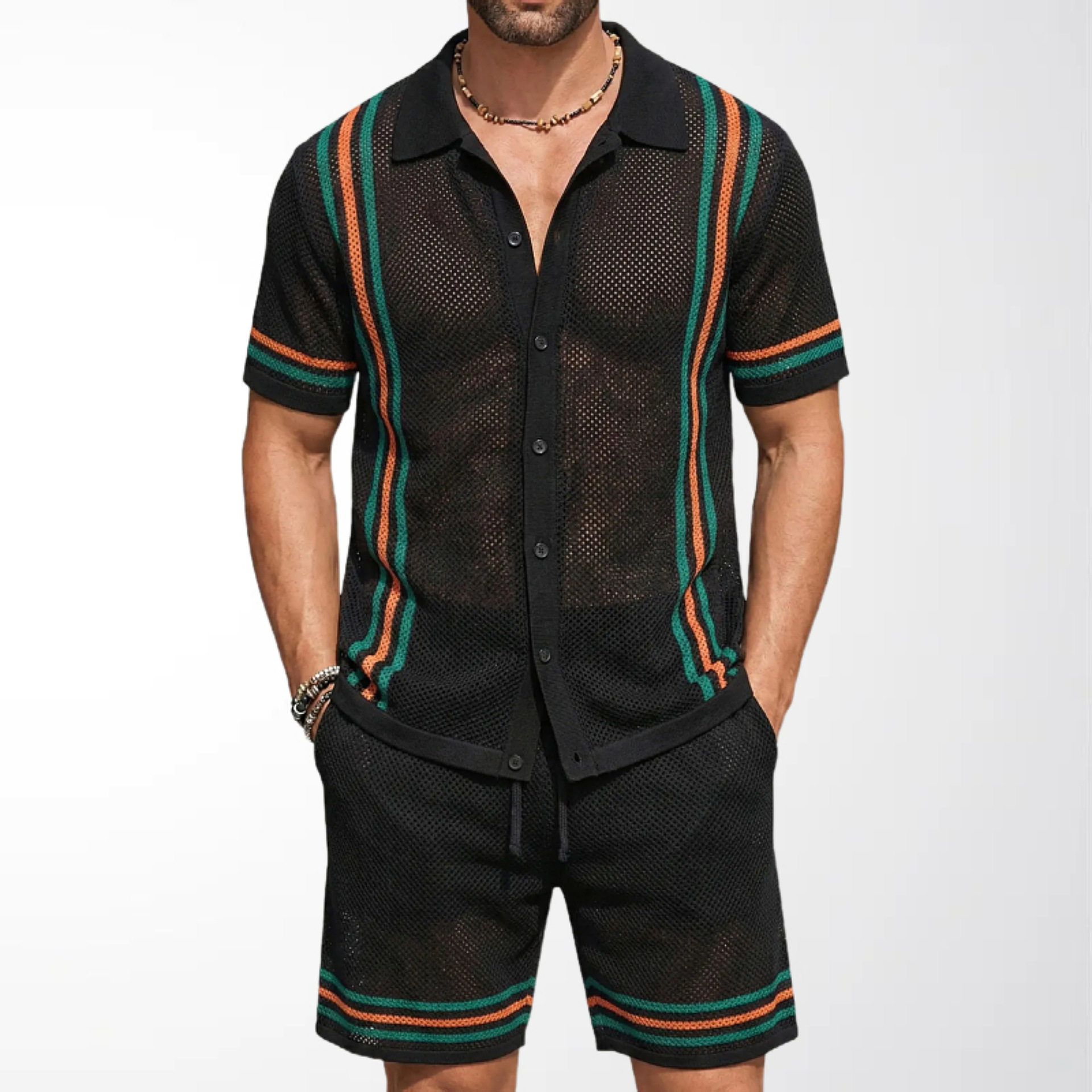 men shirt + shorts新款男装黑色镂空针织短袖短裤套装性感网眼
