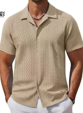 men's shirts欧美男装 新款镂空短袖衬衫 休闲古巴领沙滩风衬衣