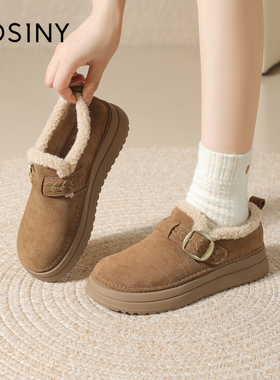 卓诗尼复古勃肯鞋女加绒保暖棉鞋2025冬季新款一脚蹬休闲毛毛鞋女