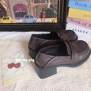 JK单鞋 Baby 女一脚蹬棕色乐福鞋 厚底粗跟复古玛丽珍小皮鞋 pig