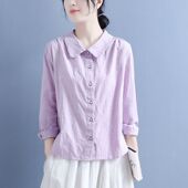 文艺复古风娃娃领提花休闲宽松长袖 新款 上衣 女2023春季 纯色衬衫