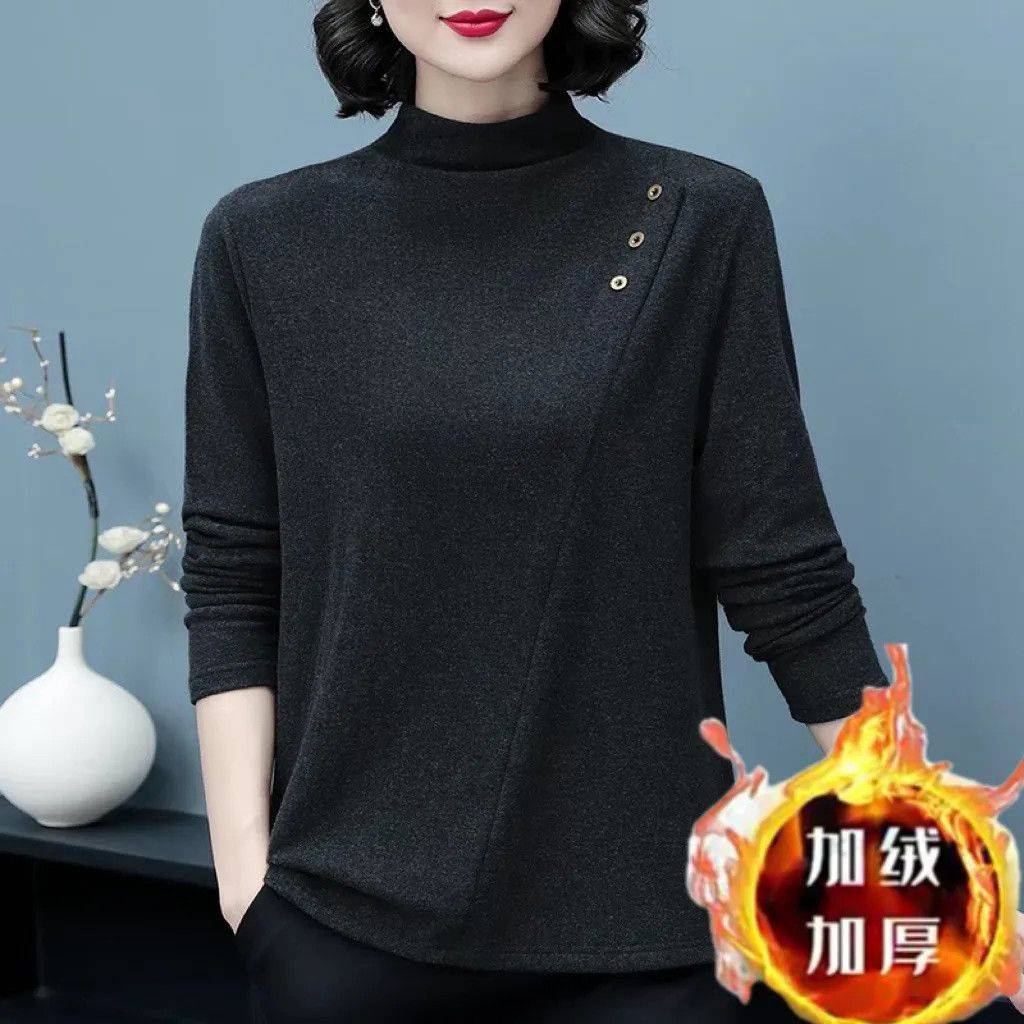 中年妈妈半高领加绒打底衫女秋冬新款德绒大码宽松洋气上衣t恤女