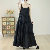 宽松显瘦无袖 棉麻纯色小吊带连衣裙女夏季 大码 内搭背心蛋糕长裙子