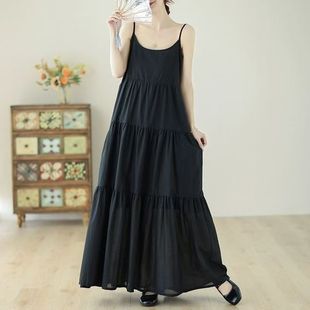内搭背心蛋糕长裙子 宽松显瘦无袖 棉麻纯色小吊带连衣裙女夏季 大码
