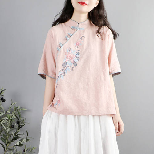 盘扣上衣女夏季茶服短袖刺绣衬衫