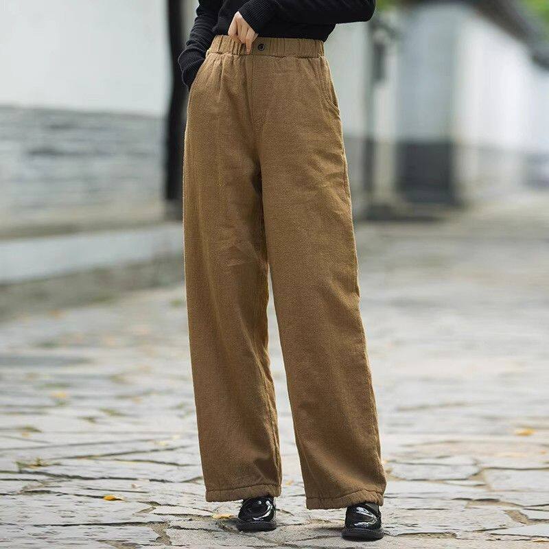 文艺复古棉麻夹棉直筒休闲长裤女冬通勤纯色简约百搭加厚阔腿棉裤,女装/女士精品,休闲裤,淘宝优惠券,粉丝福利购,淘宝优惠卷