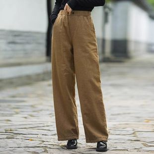 文艺复古棉麻夹棉直筒休闲长裤 女冬通勤纯色简约百搭加厚阔腿棉裤
